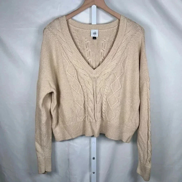 Cabi Size Large Sweater V Neck Cable Knit Cotton Neutral Preppy Streetwear - Picture 1 of 8